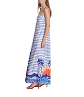 COREY LYNN CALTER Thalia Scenic Print Linen Blend Pintuck Strapless Sleeveless Maxi Dress
