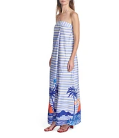 COREY LYNN CALTER Thalia Scenic Print Linen Blend Pintuck Strapless Sleeveless Maxi Dress