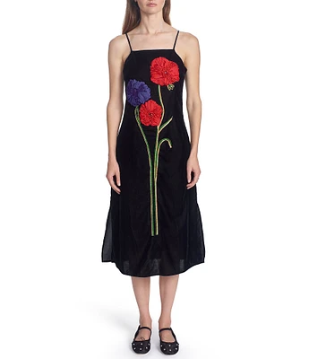 COREY LYNN CALTER Velvet Embroidered Ribbon Flower Square Neck Sleeveless Midi Dress