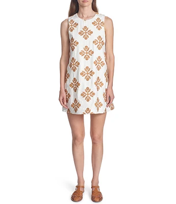 COREY LYNN CALTER Veruca Woven Embroidered Round Neck Sleeveless Mini Dress