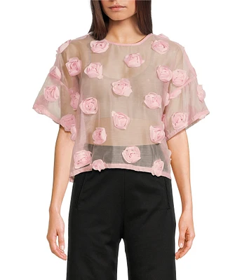 COREY LYNN CALTER Woven 3D Flower Crew Neck Short Sleeve Sheer Top