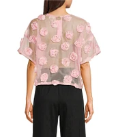 COREY LYNN CALTER Woven 3D Flower Crew Neck Short Sleeve Sheer Top