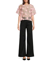 COREY LYNN CALTER Woven 3D Flower Crew Neck Short Sleeve Sheer Top