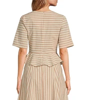 COREY LYNN CALTER Yolanda Woven Stripe Print Round Neck Short Sleeve Coordinating Peplum Top