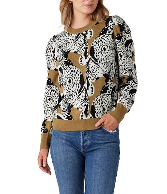 CROSBY by Mollie Burch Bixby Cashmere Blend Intarsia Leopard Crewneck Long Puff Sleeve Pullover Sweater