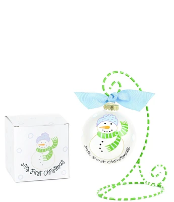 Coton Colors My First Christmas Snowman Boy Glass Ornament with Swirl Stand Set