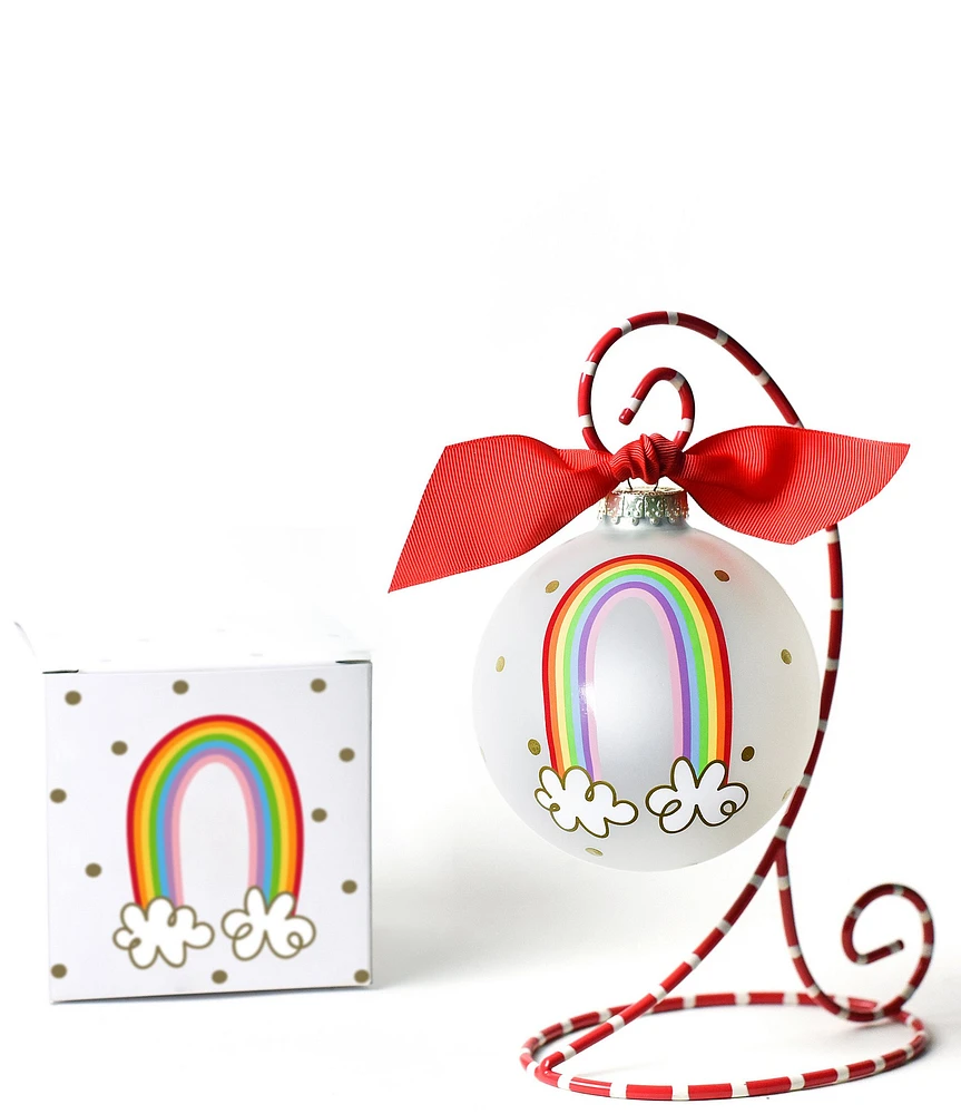 Coton Colors Rainbow of Hope Glass Ornament with Red and White Swirl Stand Set