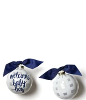 Coton Colors Welcome Baby Boy Gingham Glass Ornament with White Swirl Stand Set