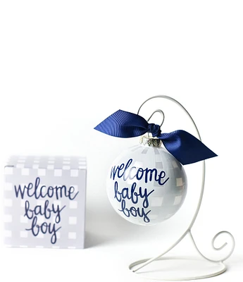 Coton Colors Welcome Baby Boy Gingham Glass Ornament with White Swirl Stand Set