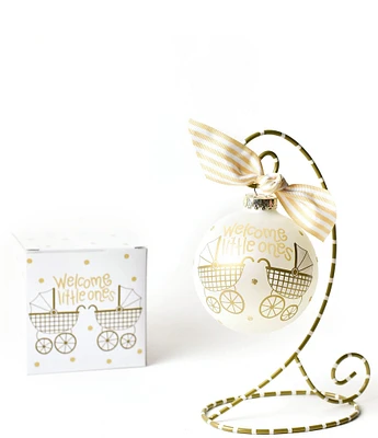 Coton Colors Welcome Twins Glass Ornament with Gold and White Swirl Stand Set