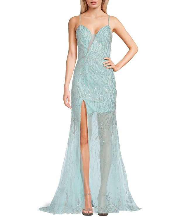 Coya Collection Beaded Embroidered Mesh Long Dress | Liberty Center