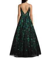 Coya Collection Butterfly Floral Glitter Print Deep V-Neck Spaghetti Strap A-Line Gown