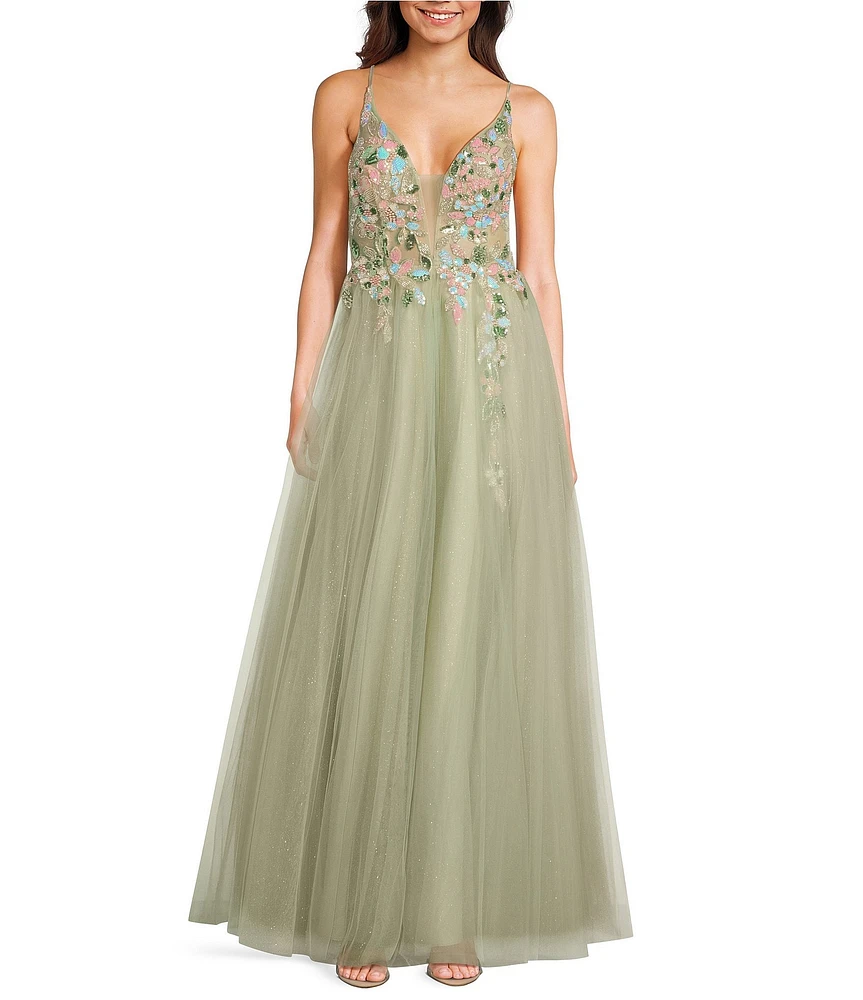 Coya Collection Floral Applique Deep V-Neck Fitted Bodice Gown