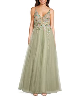 Coya Collection Floral Applique Deep V-Neck Fitted Bodice Gown