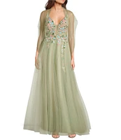 Coya Collection Floral Applique Deep V-Neck Fitted Bodice Gown