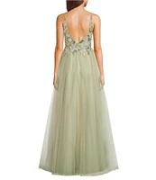 Coya Collection Floral Applique Deep V-Neck Fitted Bodice Gown