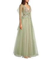 Coya Collection Floral Applique Deep V-Neck Fitted Bodice Gown