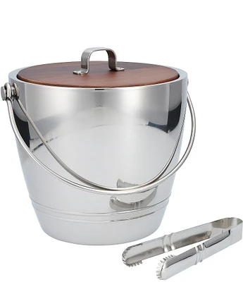 Crafthouse by Fortessa Stainless Steel Round Ice Bucket with Wood Lid and Tongs