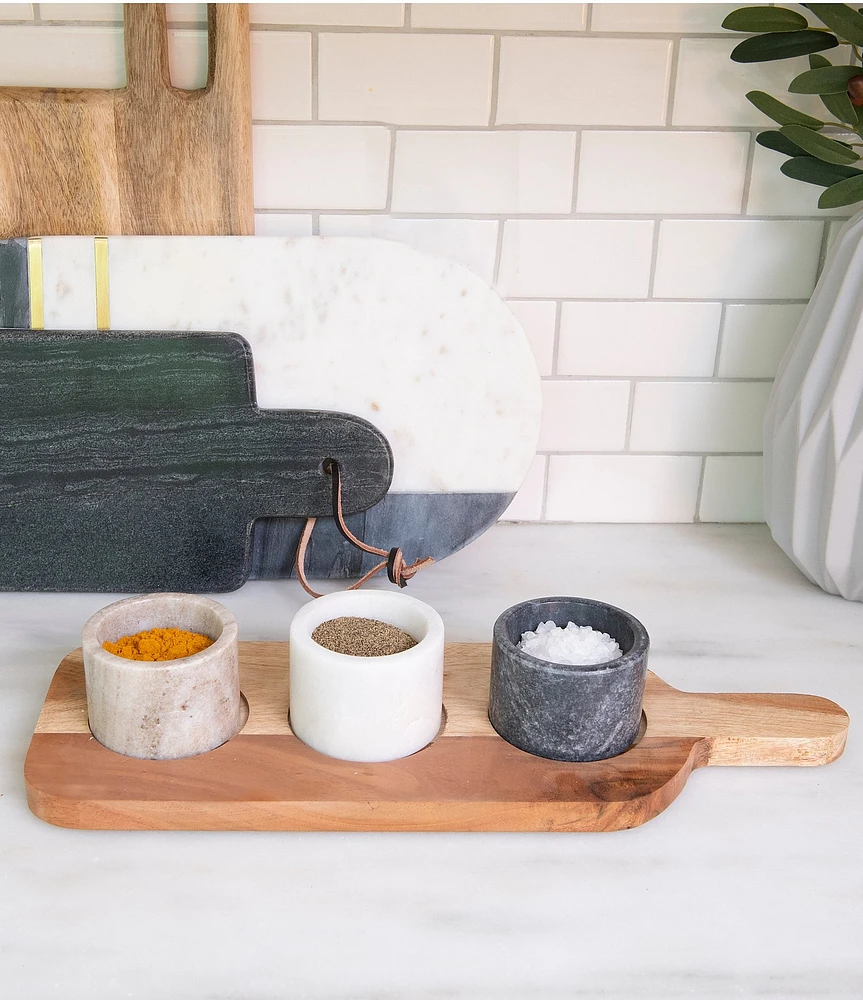 Creative Co Op Acacia Wood Board with 3 Marble Pinch Pots & Spoon, Set of 5