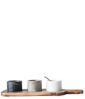 Creative Co Op Acacia Wood Board with 3 Marble Pinch Pots & Spoon, Set of 5