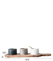 Creative Co Op Acacia Wood Board with 3 Marble Pinch Pots & Spoon, Set of 5