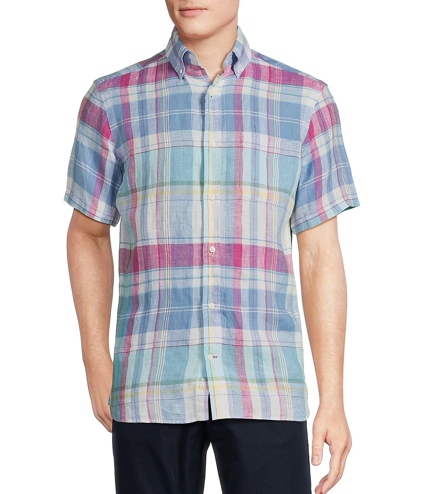 Cremieux Blue Label French Linen Small Plaid Short Sleeve Woven Shirt