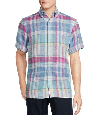 Cremieux Blue Label French Linen Small Plaid Short Sleeve Woven Shirt