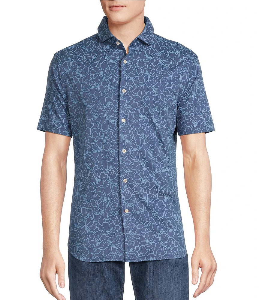 Cremieux Blue Label Hibiscus Floral Print Cotton Interlock Short Sleeve Coatfront Shirt