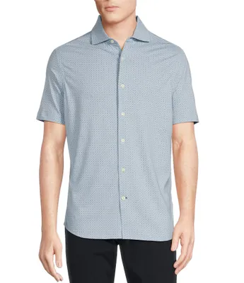 Cremieux Blue Label Micro-Print Spread Collar Short Sleeve Jersey Coatfront Shirt