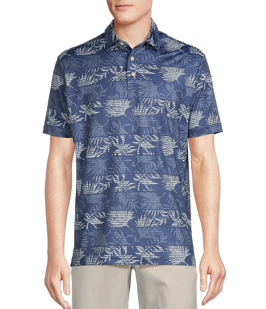 Cremieux Blue Label Performance Stretch Striped Palm Leaf Printed Short Sleeve Polo Shirt