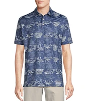 Cremieux Blue Label Performance Stretch Striped Palm Leaf Printed Short Sleeve Polo Shirt