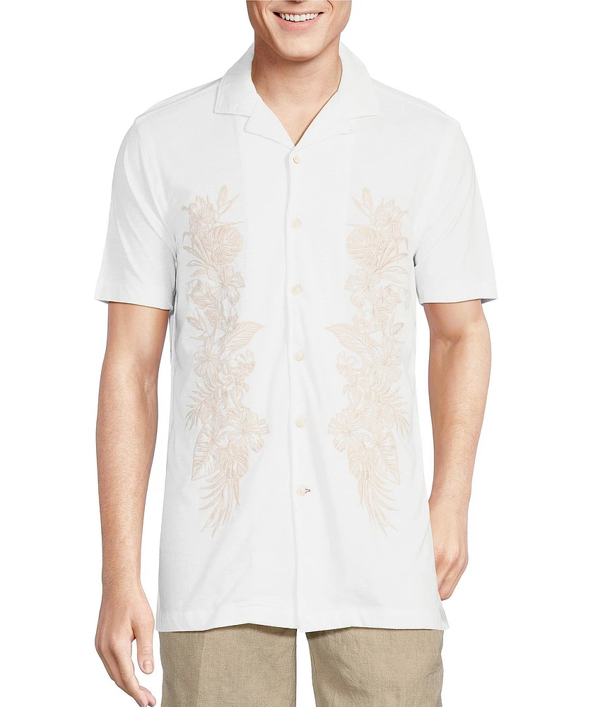 Cremieux Blue Label Tahiti Collection Embroidered Tropical Print Jersey Short Sleeve Camp Coatfront Shirt