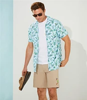 Cremieux Blue Label Tahiti Collection Tropical Bird Print Jersey Short Sleeve Woven Camp Coatfront Shirt