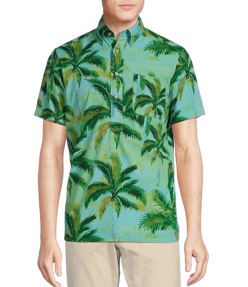 Cremieux Blue Label Tahiti Collection Tropical Palm Print Poplin Short Sleeve Popover Woven Shirt