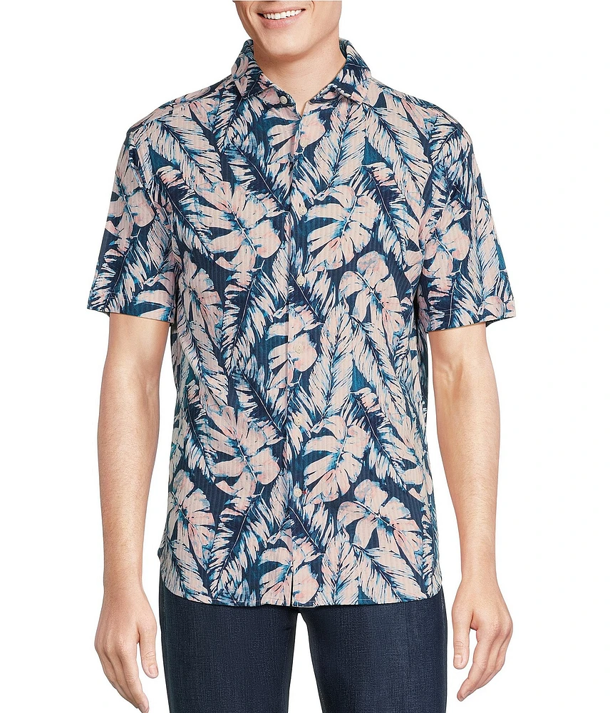 Cremieux Blue Label Tropical Leaf Printed Seersucker Short Sleeve Coatfront Shirt