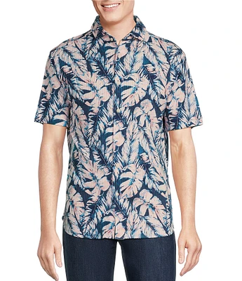 Cremieux Blue Label Tropical Leaf Printed Seersucker Short Sleeve Coatfront Shirt