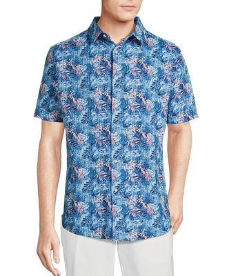 Cremieux Blue Label Tropical Leaf Pattern Seersucker Short Sleeve Coatfront Shirt