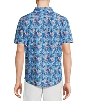 Cremieux Blue Label Tropical Leaf Pattern Seersucker Short Sleeve Coatfront Shirt
