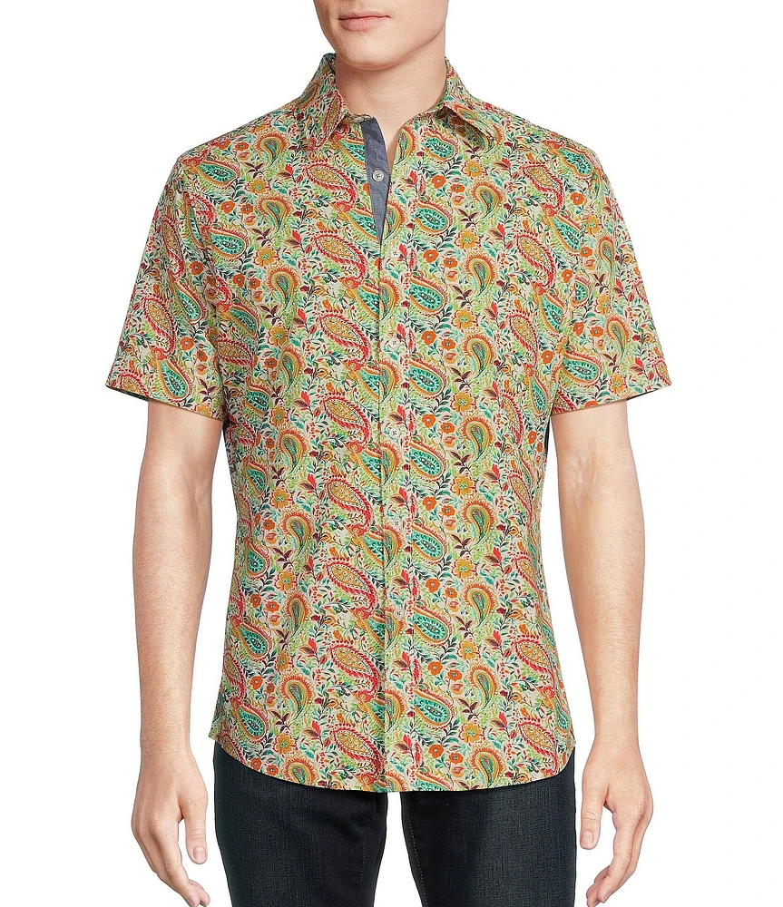 Cremieux Premium Denim Floral Paisley Print Stretch Short-Sleeve Woven Shirt