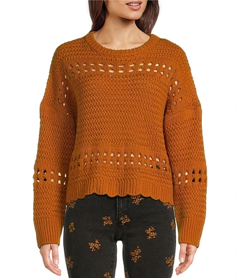 Cropped Open Weave Scalloped Ribbed Hem Ryder Sweater