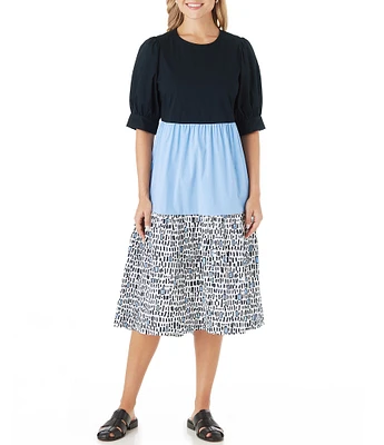 CROSBY by Mollie Burch Barrett Stretch Crew Neck Dropped Short Puff Sleeve Pocketed Color Block Tiered A-Line Midi Dress