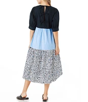 CROSBY by Mollie Burch Barrett Stretch Crew Neck Dropped Short Puff Sleeve Pocketed Color Block Tiered A-Line Midi Dress