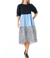 CROSBY by Mollie Burch Barrett Stretch Crew Neck Dropped Short Puff Sleeve Pocketed Color Block Tiered A-Line Midi Dress