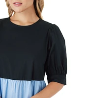 CROSBY by Mollie Burch Barrett Stretch Crew Neck Dropped Short Puff Sleeve Pocketed Color Block Tiered A-Line Midi Dress