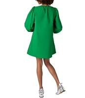 CROSBY By Mollie Burch Beckham Shantung Ruched Wired U-Neckline Long Balloon Sleeve Shift Dress