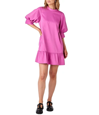 CROSBY by Mollie Burch Brixton Taffeta Mock Neck Short Balloon Sleeve Side Pocket Ruffle Shift Above the Knee Dress