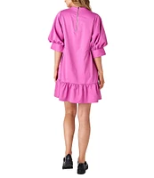 CROSBY by Mollie Burch Brixton Taffeta Mock Neck Short Balloon Sleeve Side Pocket Ruffle Shift Above the Knee Dress