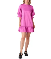 CROSBY by Mollie Burch Brixton Taffeta Mock Neck Short Balloon Sleeve Side Pocket Ruffle Shift Above the Knee Dress