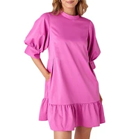 CROSBY by Mollie Burch Brixton Taffeta Mock Neck Short Balloon Sleeve Side Pocket Ruffle Shift Above the Knee Dress