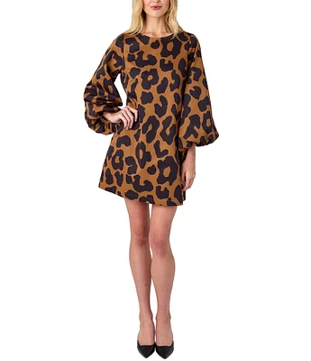 CROSBY by Mollie Burch Cecily Boat Neck Long Puff Sleeve Leopard Mini Shift Dress